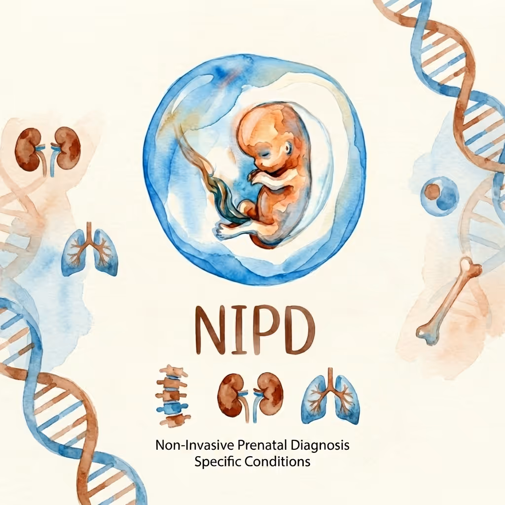 Non-invasive prenatal diagnosis NIPD pathway diagram with fetal development illustration, illustration by SMART NT