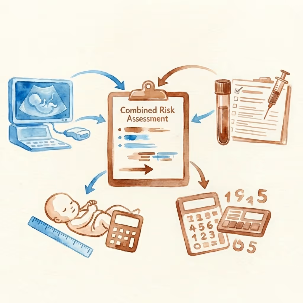 Combined prenatal risk assessment showing ultrasound measurements, blood test markers and Down syndrome screening calculator, illustration by SMART NT